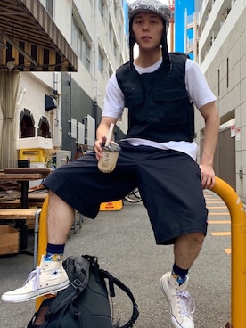 「アイテム（ハンチング/ベレー帽、ホワイト系）」を使った、大吉さん（メンズ・174cm）の秋コーディネート