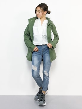 「スキッパーシャツ」｜「アイテム（ミリタリージャケット）」を使った、  𝑅𝐼𝑁𝐴さん（レディース・150cm）の春コーディネート