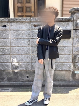 「グレンチェック」｜「アイテム（ライダースジャケット）」を使った、T .YukIさん（メンズ・170cm）の春コーディネート