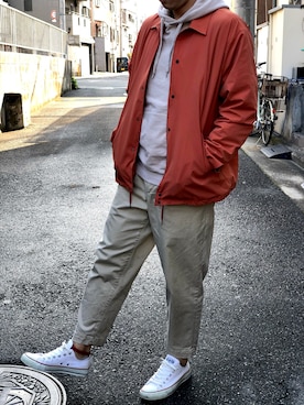 「アイテム（カバーオール、レッド系）」を使った、n.nさん（メンズ・173cm）の春コーディネート