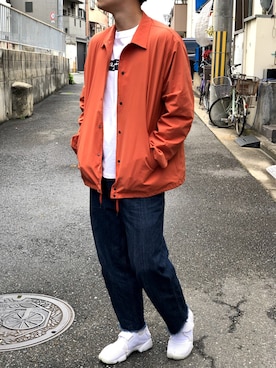 「アイテム（カバーオール、レッド系）」を使った、n.nさん（メンズ・173cm）の春コーディネート