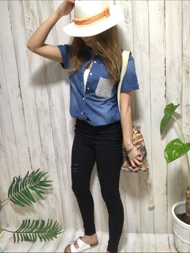 「デザイントップス」｜「アイテム（デニムジャケット）」を使った、Rie_eさん（レディース・156cm）の春コーディネート