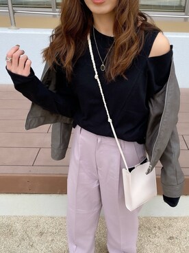 「ラベンダー」｜「アイテム（ノーカラージャケット）」を使った、Rie_eさん（レディース・156cm）の冬コーディネート