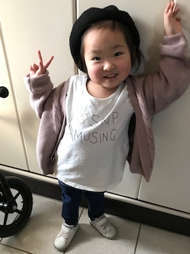 「くすみピンク」｜「アイテム（ハンチング/ベレー帽）」を使った、Ri-❤︎さん（キッズ・90cm）の春コーディネート