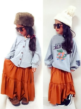 「CIAOPANIC TYPY（チャオパニックティピー）の【ママとお揃い】2WAYボリュームカーデ（カーディガン/ボレロ）」を使った、▹▸gagagiさん（キッズ・100cm）の秋コーディネート