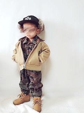 「※ALPHA（アルファ）のアイテム（キャップ）」を使った、▹▸gagagiさん（キッズ・110cm）の冬コーディネート