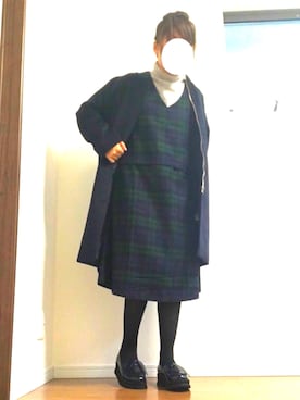 「チェックワンピース」｜「アイテム（ノーカラージャケット）」を使った、☺︎HITOMI☺︎さん（レディース・160cm）の冬コーディネート