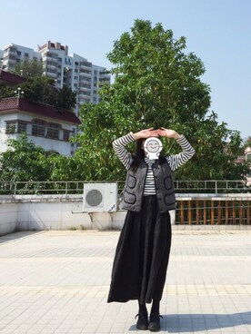「KAPITAL（キャピタル）のアイテム（ジャケット/アウター、ブラック系）」を使った、Jamie Woodさん（レディース・157cm）の春コーディネート