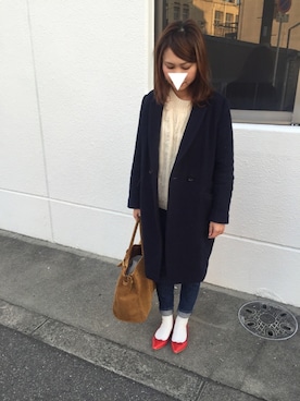 「赤い靴」｜「アイテム（チェスターコート）」を使った、munmun☺︎さん（レディース・160cm）の冬コーディネート