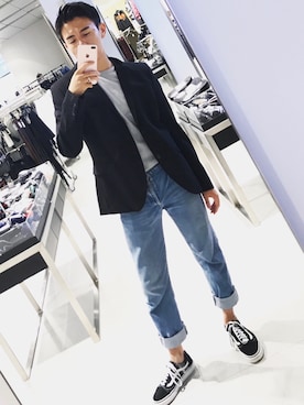 「H&M（エイチ・アンド・エム）のアイテム（スーツジャケット）」を使った、Leokkwokさん（メンズ・177cm）の夏コーディネート