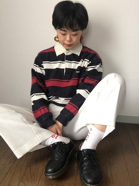 「ラガーシャツ」｜「アイテム（スラックス）」を使った、Zagiさん（レディース・152cm）の春コーディネート