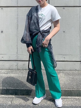 「フレアパンツ」｜「アイテム（パンツ、グリーン系）」を使った、リホさん（レディース・160cm）の夏コーディネート