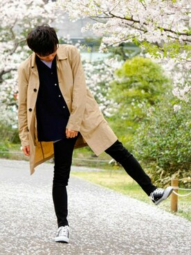 「ラベンダー」｜「アイテム（ステンカラーコート）」を使った、ざわさん（メンズ・168cm）の春コーディネート