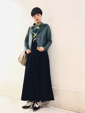 「Handmade（ハンドメイド）のアイテム（ライダースジャケット）」を使った、caedeさん（レディース・167cm）の冬コーディネート