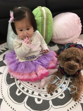「ZARA KIDSのアイテム（Tシャツ/カットソー、ピンク系）」を使った、♡Ruu♡さん（キッズ・70cm）の冬コーディネート