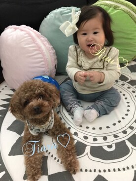 「La poche biscuitのアイテム（Tシャツ/カットソー、ベージュ系）」を使った、♡Ruu♡さん（キッズ・70cm）の冬コーディネート