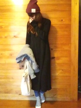 「ボーダーソックス」｜「アイテム（ブルゾン）」を使った、minaさん（レディース・158cm）の冬コーディネート