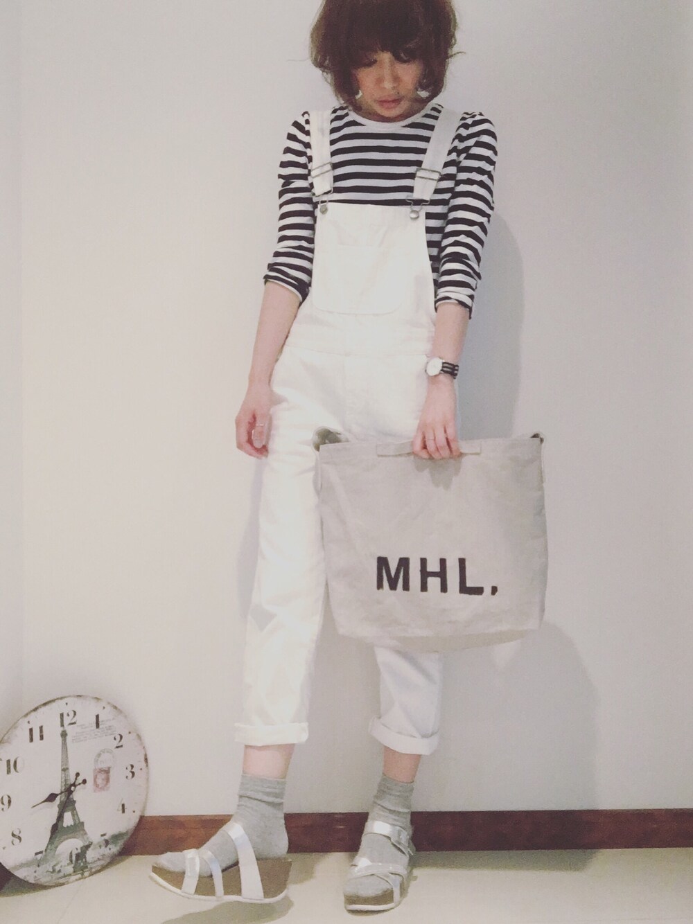 「カジュアル、休日スタイル、シンプル、ボーダー、GU、MHL.、しまむら、無印良品」｜「無印良品のアイテム（Tシャツ/カットソー、ホワイト系）」を使った、ｈａｒｕさん（レディース・166cm）の春コーディネートの1枚目の写真