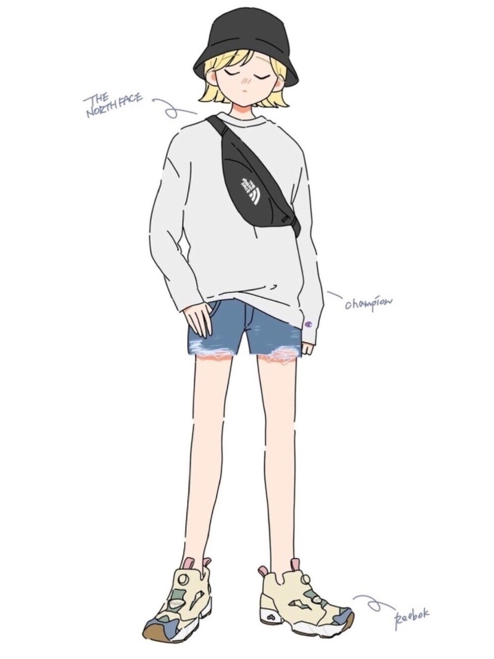 ブラック系のボディバッグ/ウエストポーチ、ホワイト系のスウェット、ホワイト系のスリッポンを着用したレディースの春コーディネートの1枚目の写真