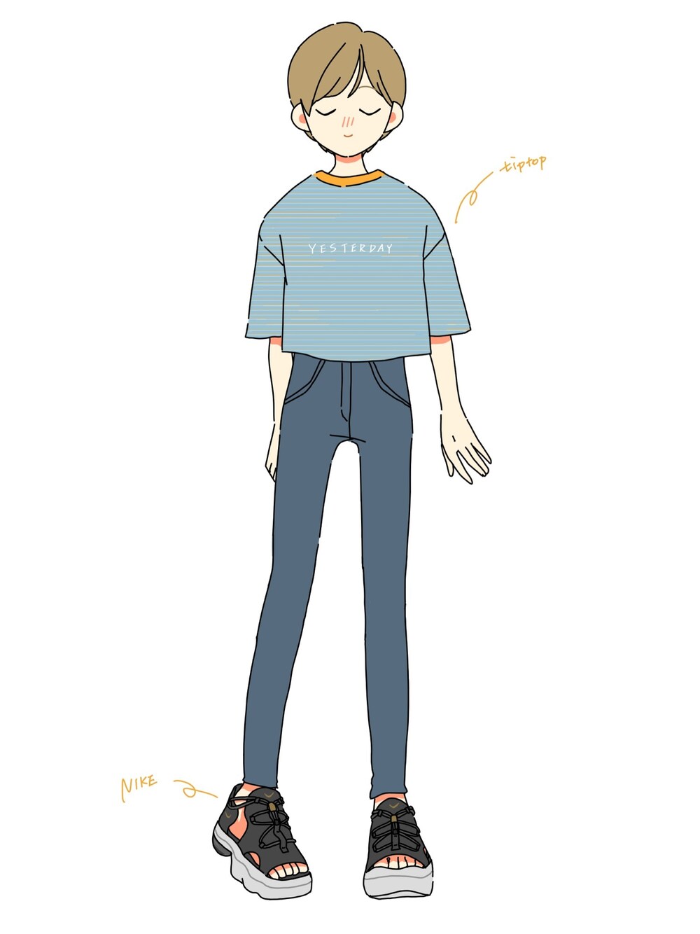 ブルー系のTシャツ/カットソー、ブラック系のサンダルを着用したレディースの夏コーディネートの1枚目の写真