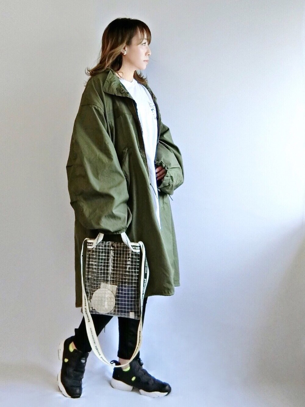 「オトナカジュアル、ミリタリー、リーボックラブ、平成最後のWEARISTAセンバツ、ロンT、スキニーデニム、ユニクロ、UNIQLO、ポンプフューリー、クリアバッグ」｜「CANAL JEANのPt (ピーティー) 2WAYプレーンリング＆イヤーカフ（リング、シルバー系）」を使った、𝑠𝑢𝑧𝑢さん（レディース・158cm）の春コーディネートの1枚目の写真