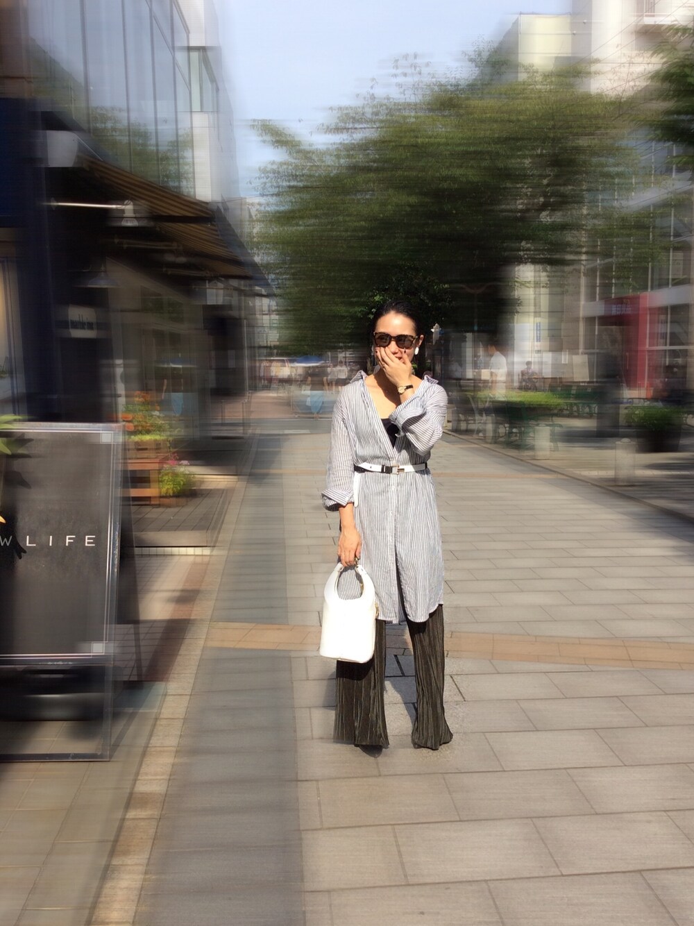 「シンプルコーデ、カジュアル、大人コーデ、きれいめカジュアル、ootd、グリーン、低身長、RAWLIFE、CLANE、verynerd」｜「VERYNERDの【VERYNERD】GINZA（サングラス、その他）」を使った、chieさん（レディース・147cm）の夏コーディネートの1枚目の写真