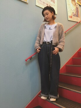「サックスブルー」｜「アイテム（ハンチング/ベレー帽）」を使った、かほてぃさん（レディース・162cm）の冬コーディネート