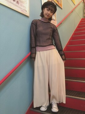 「サテンパンツ」｜「アイテム（ハンチング/ベレー帽）」を使った、かほてぃさん（レディース・162cm）の春コーディネート