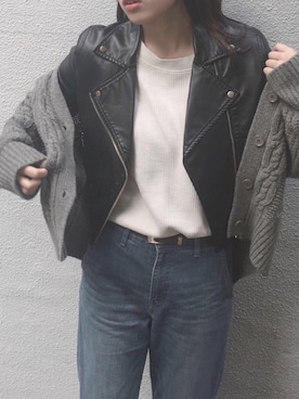 「ケーブルニット」｜「アイテム（ライダースジャケット）」を使った、mincoさん（レディース・165cm）の冬コーディネート