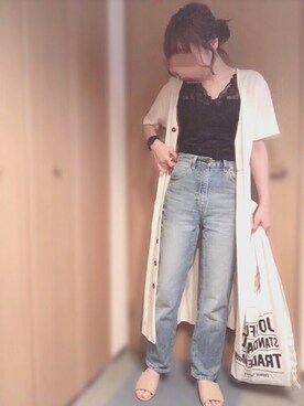 「ハイウエストストレートジーンズ」｜「アイテム（ワンピース/ドレス）」を使った、えみ氏¨̮さん（レディース・159cm）の春コーディネート