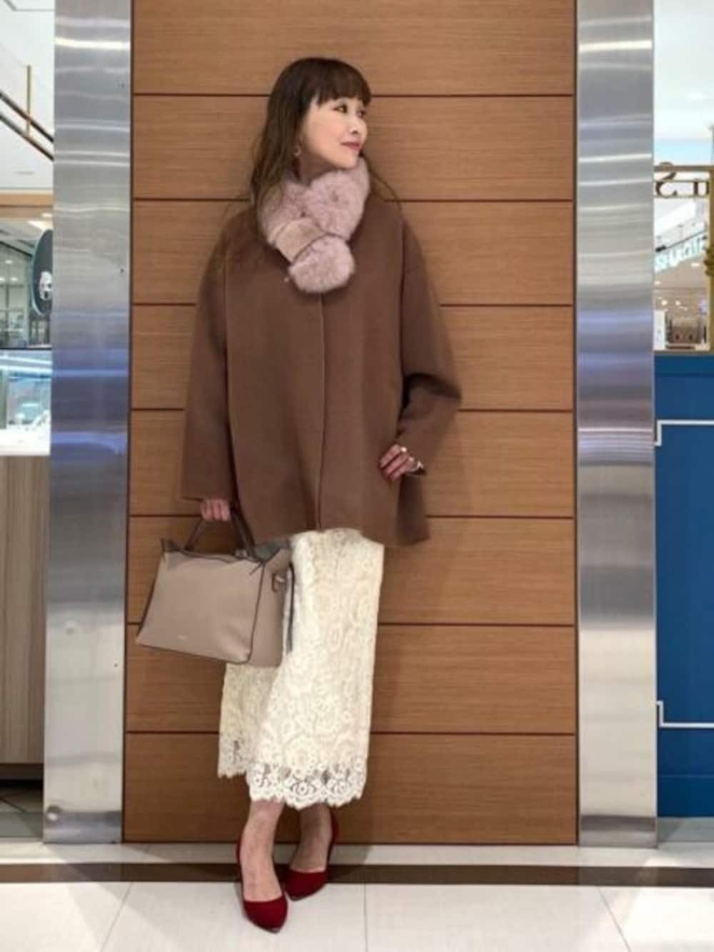 「コート、ノーカラー、ランチコーデ、通勤スタイル、アンレクレ」｜「en recreのノーカラーミディコート（ノーカラーコート、ブラウン系）」を使った、アン レクレ/en recreさん（レディース・160cm）の秋コーディネートの1枚目の写真