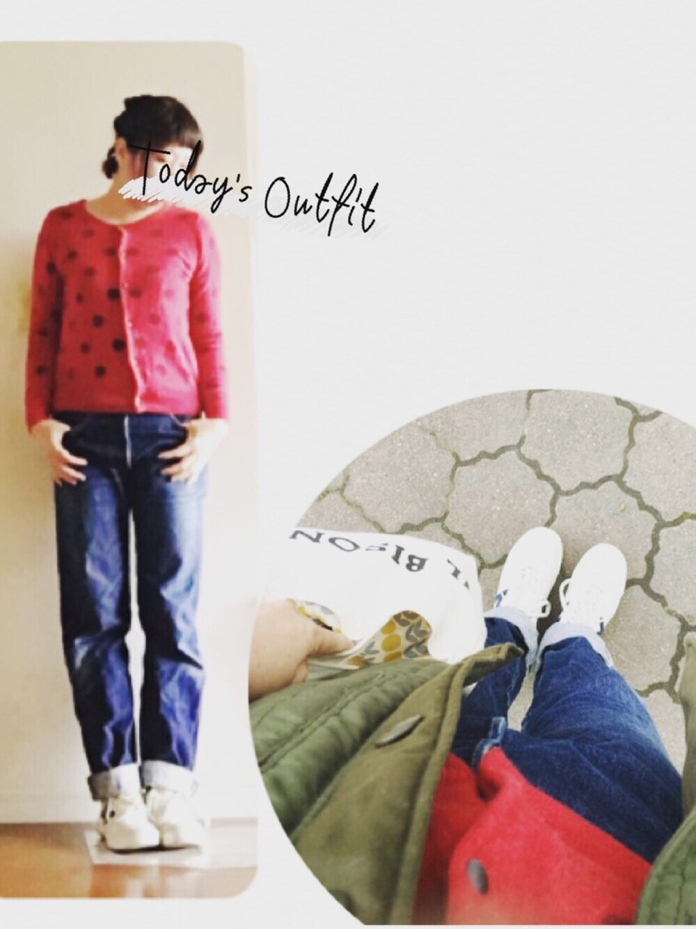 「casual、denim、オトナカジュアル、赤カーディガン、ドット、Levi's、40代女性、ニットカーディガン、ドラフトリーバイス」｜「PAR ICIのアイテム（カーディガン/ボレロ、レッド系）」を使った、ｙｕｋｋｉｎ＊さん（レディース・166cm）の冬コーディネートの1枚目の写真