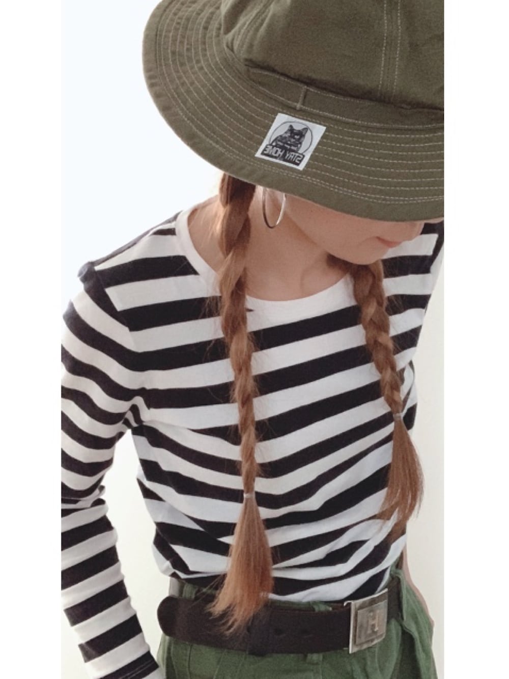 「ハット、ミリタリーハット、tcb jeans、ベイカーパンツ、カーキ、三つ編み、ボーダー、アメカジ、ママコーデ、msflags」｜「TCB jeansのアイテム（ハット、グリーン系）」を使った、nagisaさん（レディース・155cm）の夏コーディネートの1枚目の写真