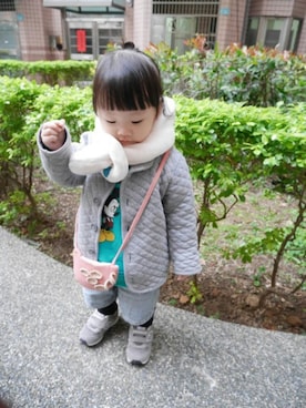 「無印良品（ムジルシリョウヒン）のアイテム（その他アウター）」を使った、mimico0604さん（キッズ・80cm）の冬コーディネート