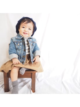 「西松屋」｜「アイテム（デニムジャケット）」を使った、gomaさん（キッズ・70cm）の秋コーディネート