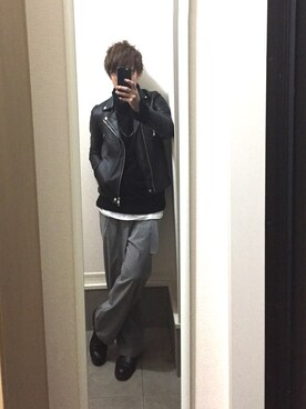 「美容師」｜「アイテム（ライダースジャケット）」を使った、TAMAさん（メンズ・165cm）の冬コーディネート