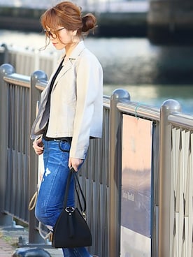 「バッグ」｜「アイテム（ライダースジャケット）」を使った、fashionletterさん（レディース・160cm）の春コーディネート