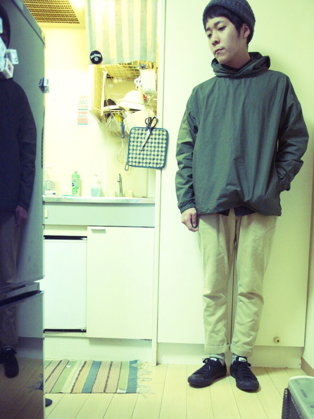 「シンプル、春コーデ」｜「MANUAL ALPHABETのアイテム（シャツ/ブラウス、グリーン系）」を使った、 Yoshidaさん（メンズ・168cm）の冬コーディネートの1枚目の写真