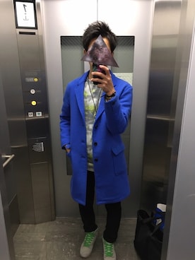 「スエット」｜「アイテム（チェスターコート）」を使った、たかさん（メンズ・177cm）の冬コーディネート