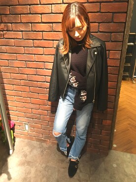 「SpRay（スプレイ）のアイテム（ライダースジャケット）」を使った、SpRay 大和郡山さん（レディース・152cm）の冬コーディネート