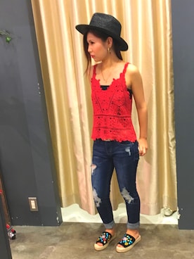 「アイテム（キャミソール、レッド系）」を使った、SpRay 大和郡山さん（レディース・155cm）の春コーディネート