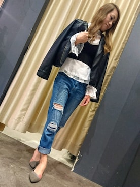「SpRay（スプレイ）のアイテム（ライダースジャケット）」を使った、SpRay 大和郡山さん（レディース・153cm）の春コーディネート