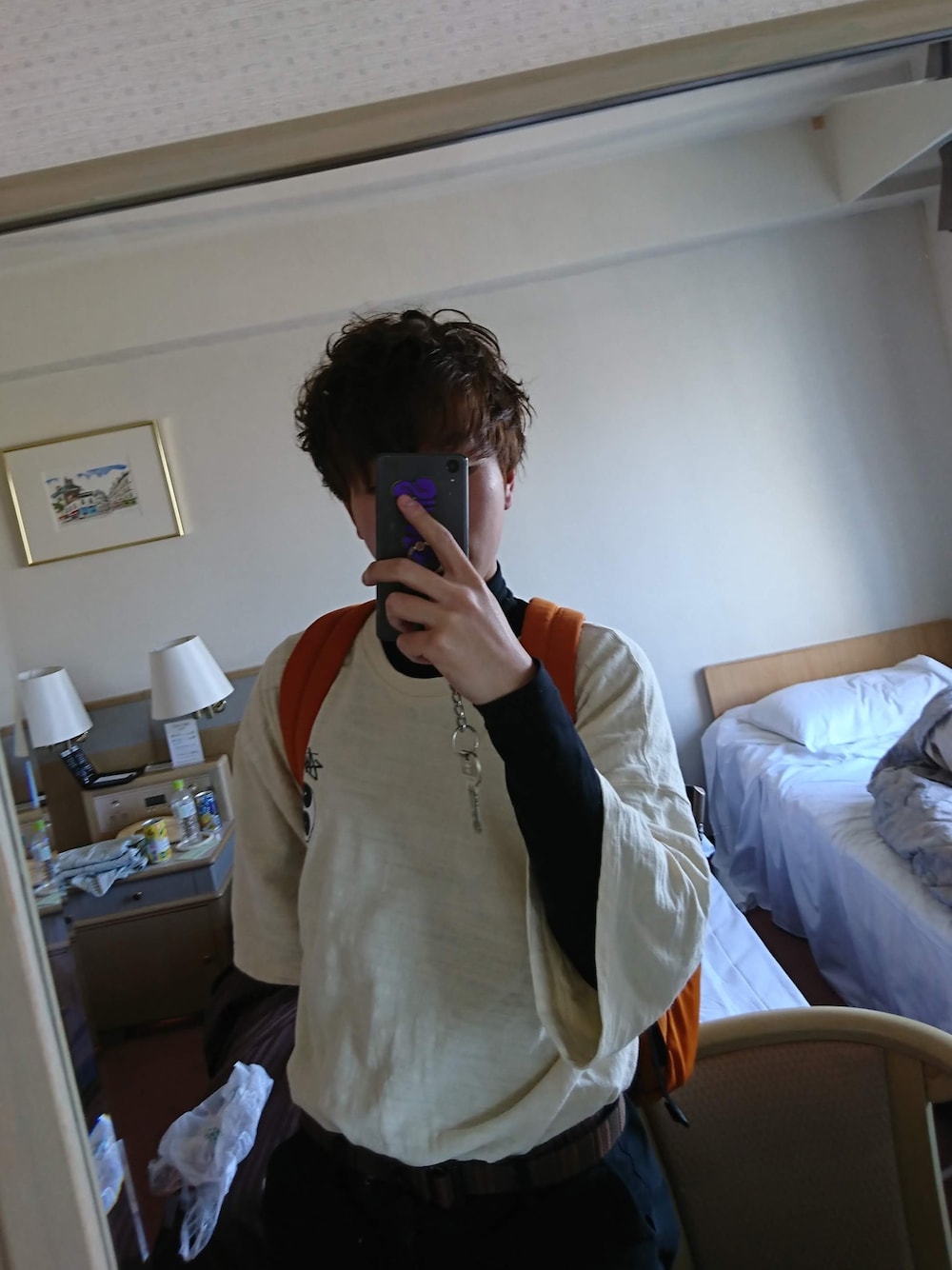 「stussy、無印良品、LAKOLE、under armour、タックイン、低身長」｜「LAKOLEの【撥水】カラーバックパック / LAKOLE（バックパック/リュック、オレンジ系）」を使った、アズムンさん（メンズ・162cm）の春コーディネートの1枚目の写真
