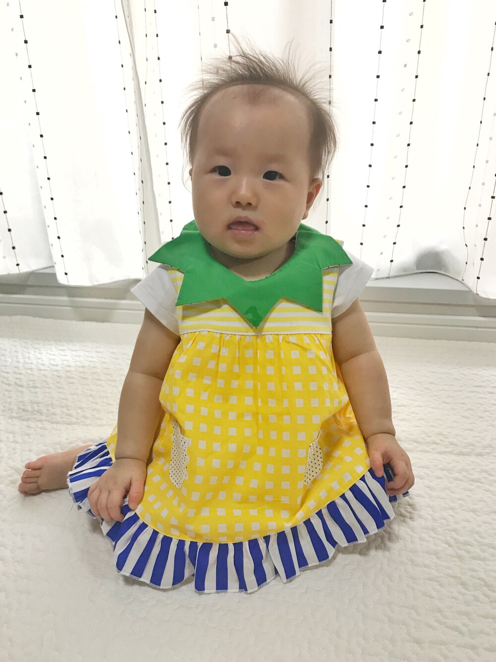 「ベイビーチアー、パイナップル」｜「baby cheerのパイナップルチュニック（チュニック、イエロー系）」を使った、ぴーさん（キッズ・70cm）の秋コーディネートの1枚目の写真