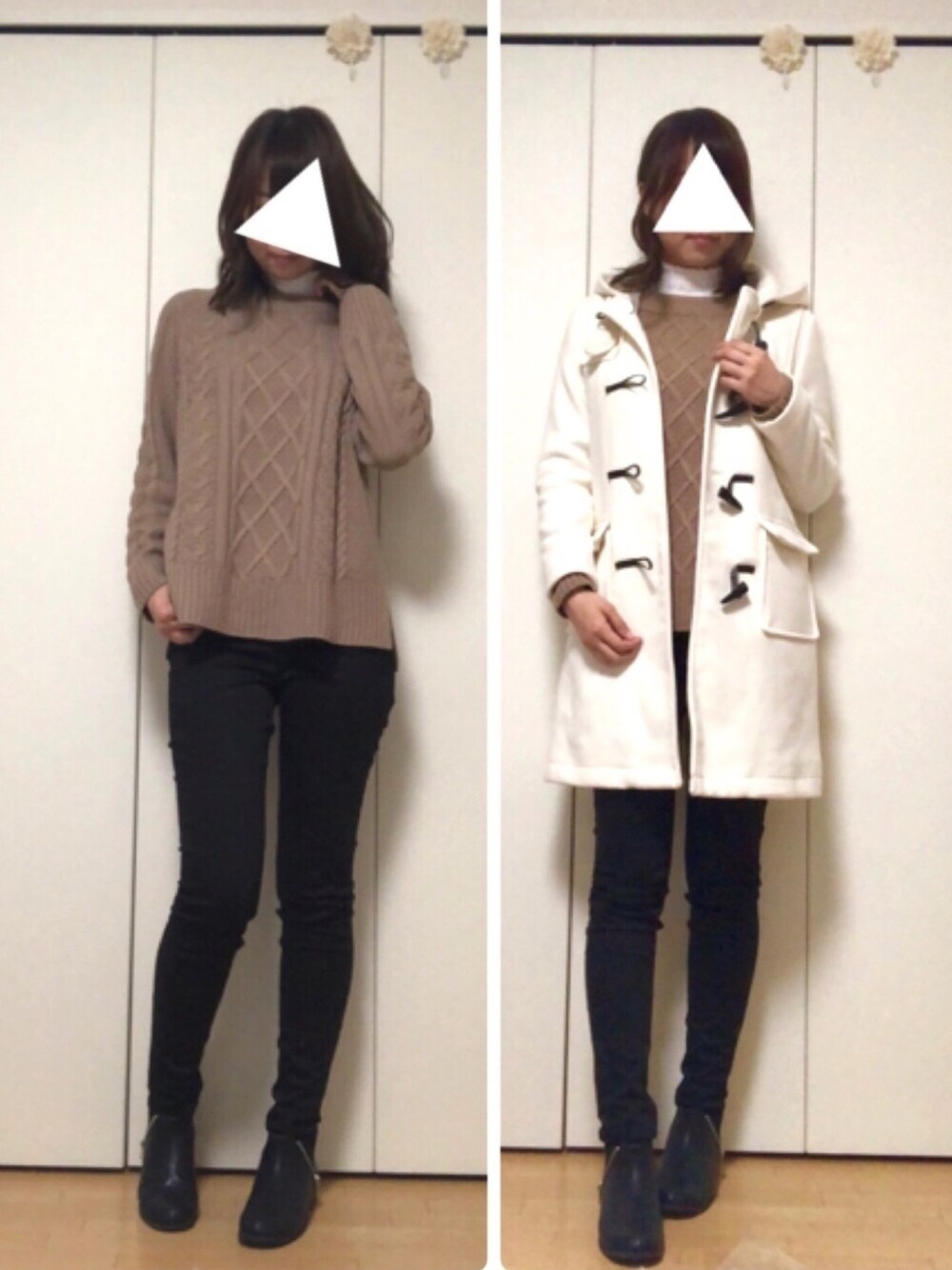 ホワイト系のダッフルコート、ブラウン系のニット/セーター、ホワイト系のTシャツ/カットソーを着用したレディースの冬コーディネートの1枚目の写真