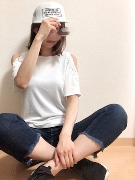 「オープンショルダー」｜「アイテム（帽子）」を使った、cocona*さん（レディース・167cm）の春コーディネート