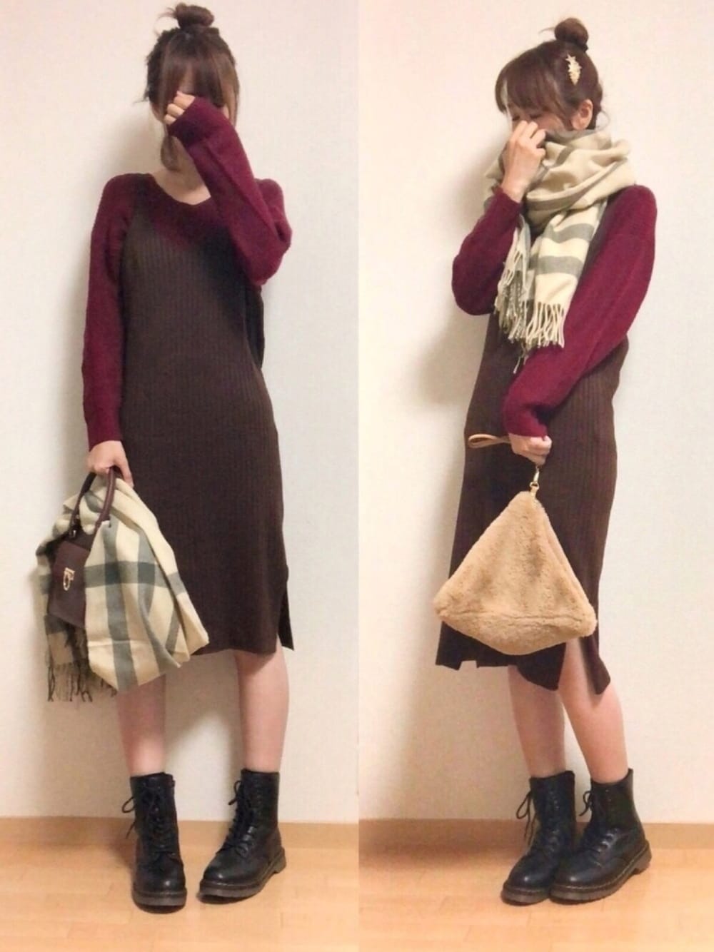 ブラウン系のワンピース、レッド系のニット/セーター、ブラウン系のハンドバッグを着用したレディースの秋コーディネートの1枚目の写真