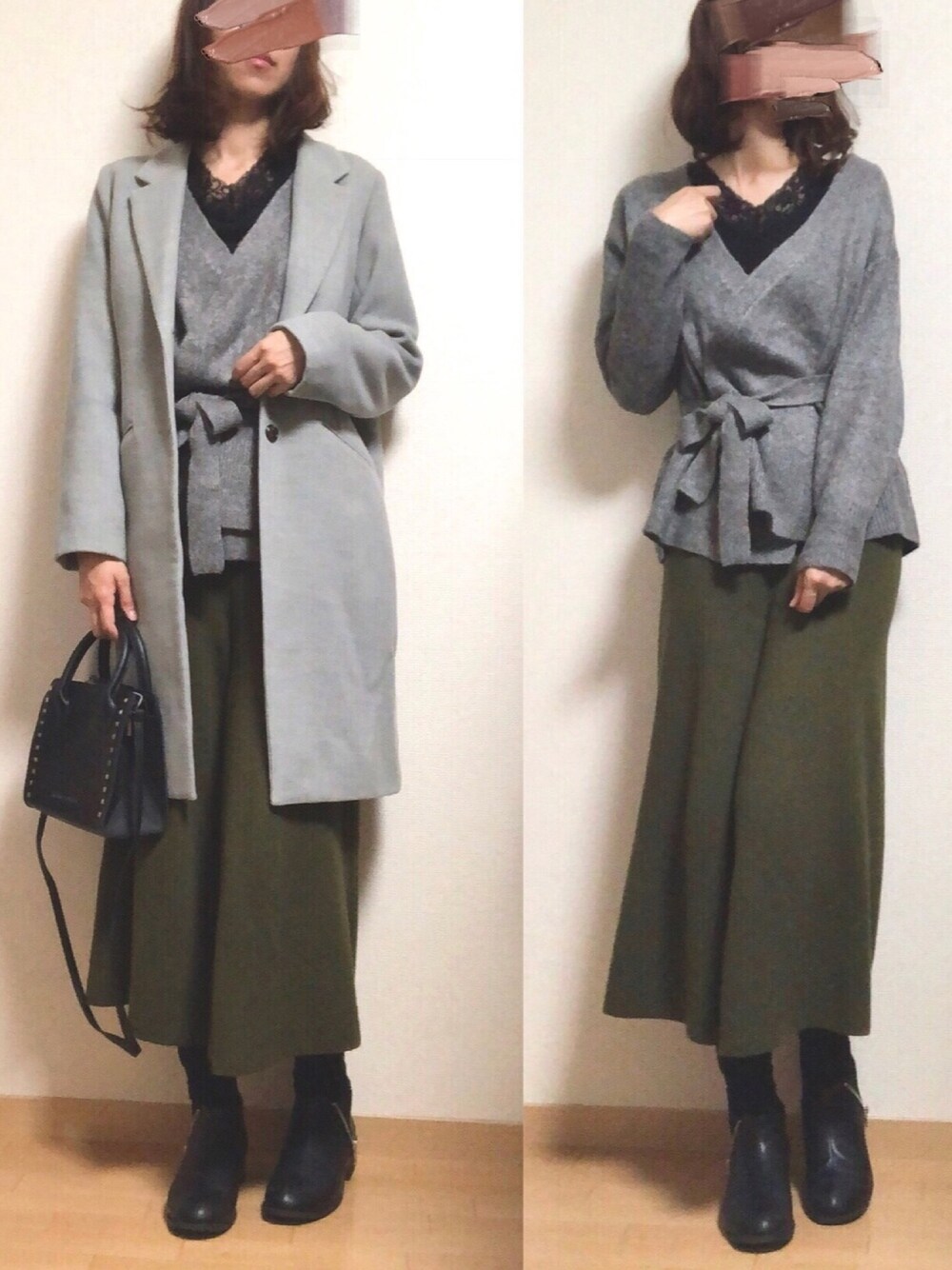 ブラック系のTシャツ/カットソー、グレー系のカーディガン/ボレロ、グリーン系のその他パンツを着用したレディースの秋コーディネートの1枚目の写真