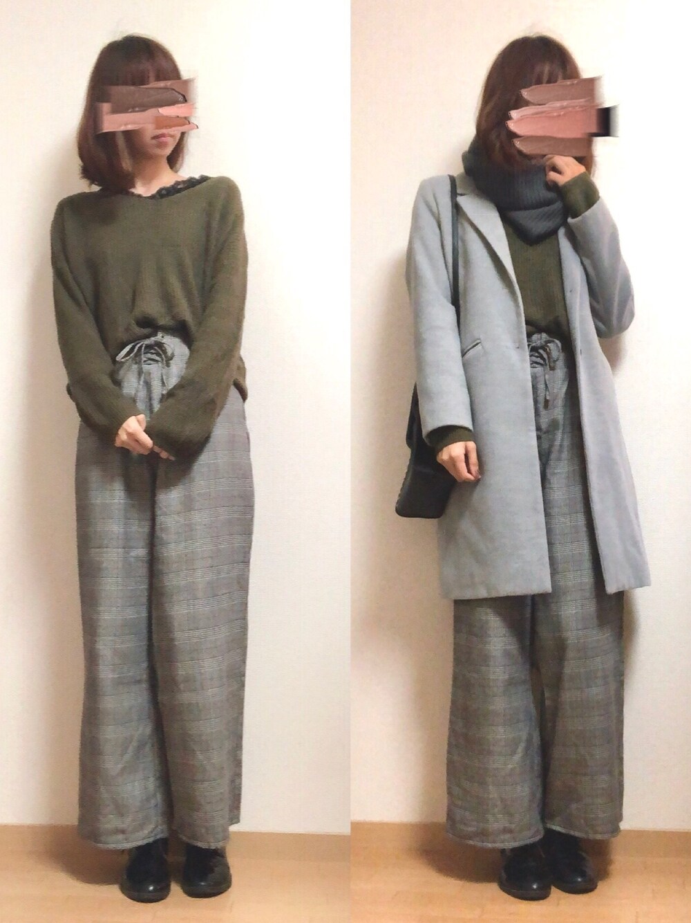 ブラック系のTシャツ/カットソー、グリーン系のニット/セーター、グレー系のその他パンツを着用したレディースの秋コーディネートの1枚目の写真