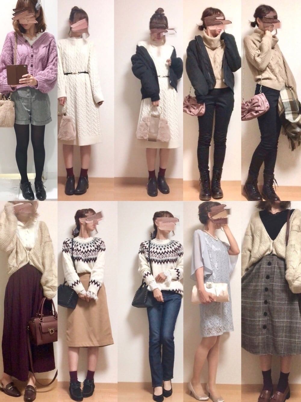 ピンク系のカーディガン/ボレロ、ホワイト系のワンピース、ベージュ系のカーディガン/ボレロを着用したレディースの冬コーディネートの1枚目の写真